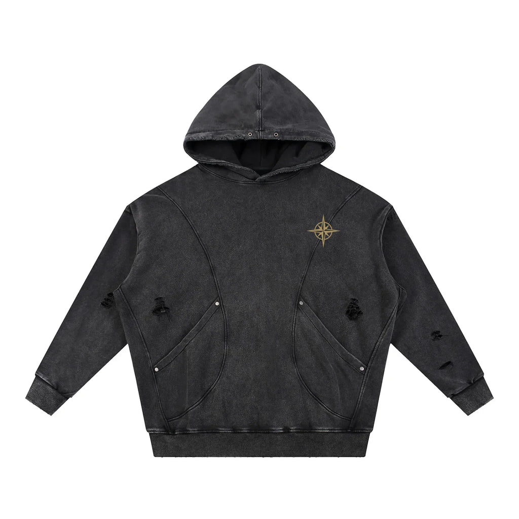 Snow Washed Distressed Panel Pocket Hoodie - Brendon North